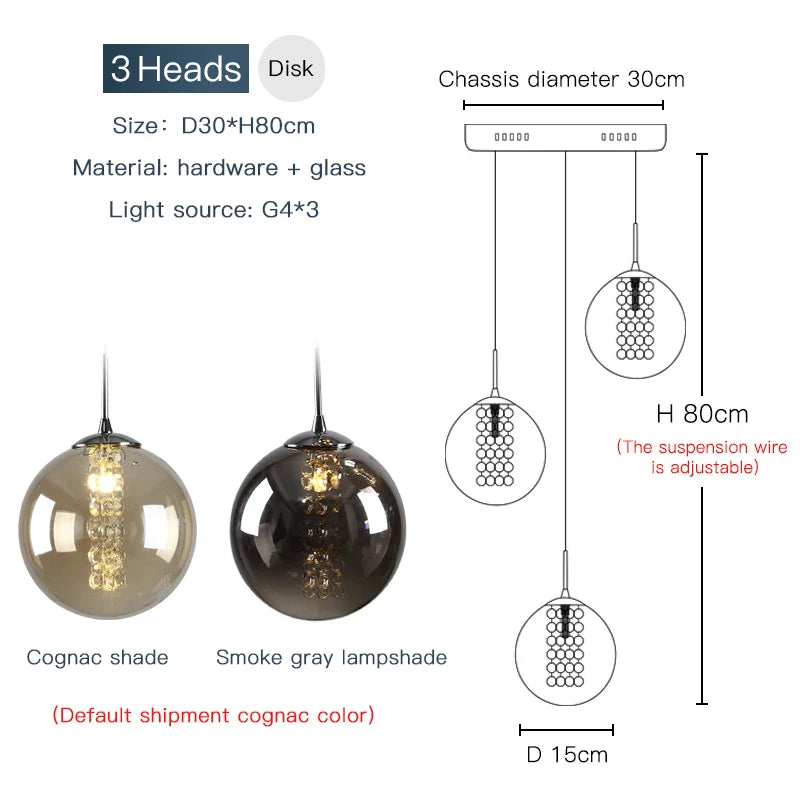 Luxurious Spiral LED Chandelier for Home & Hotel - 3 heads / Cognac glass / Black chassis|changeable - Chandelier
