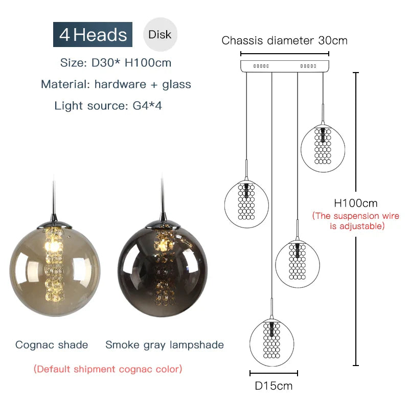 Luxurious Spiral LED Chandelier for Home & Hotel - 4 heads / Cognac glass / Black chassis|Warm White - Chandelier