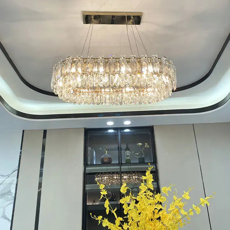 Luxurious two tier gold round oval crystal chandelier with faceted glass tiers for dining room decorbites gold round design