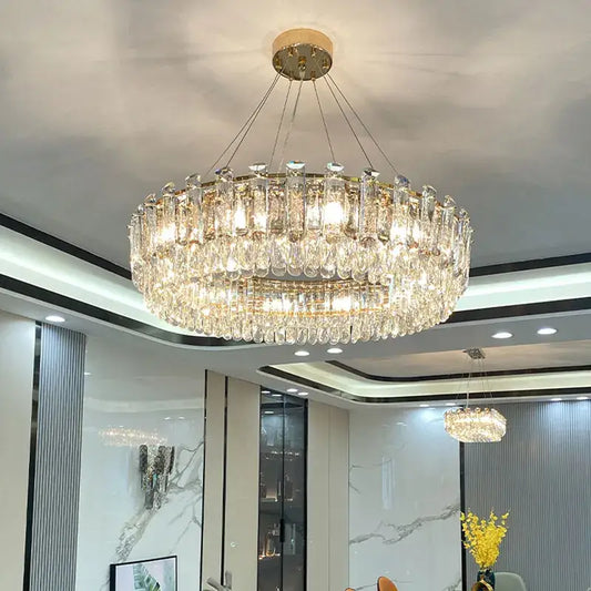 Luxurious two tier gold round crystal chandelier with hanging glass prisms for dining room decorbites gold round oval