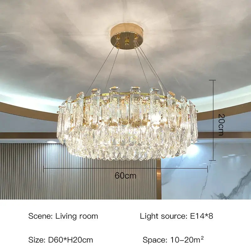 Luxurious two tier gold round crystal chandelier with cascading droplets for elegant dining room decorbites gold round lighting