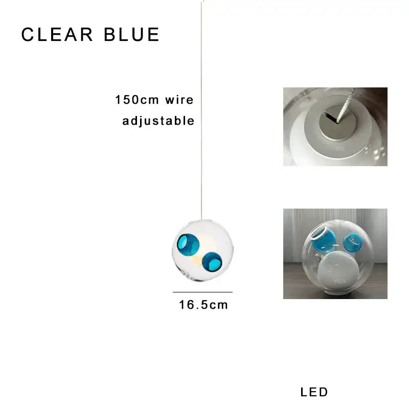 Luxury amber glass sphere pendant light with clear glass pendant and two blue accents on adjustable 150cm wire