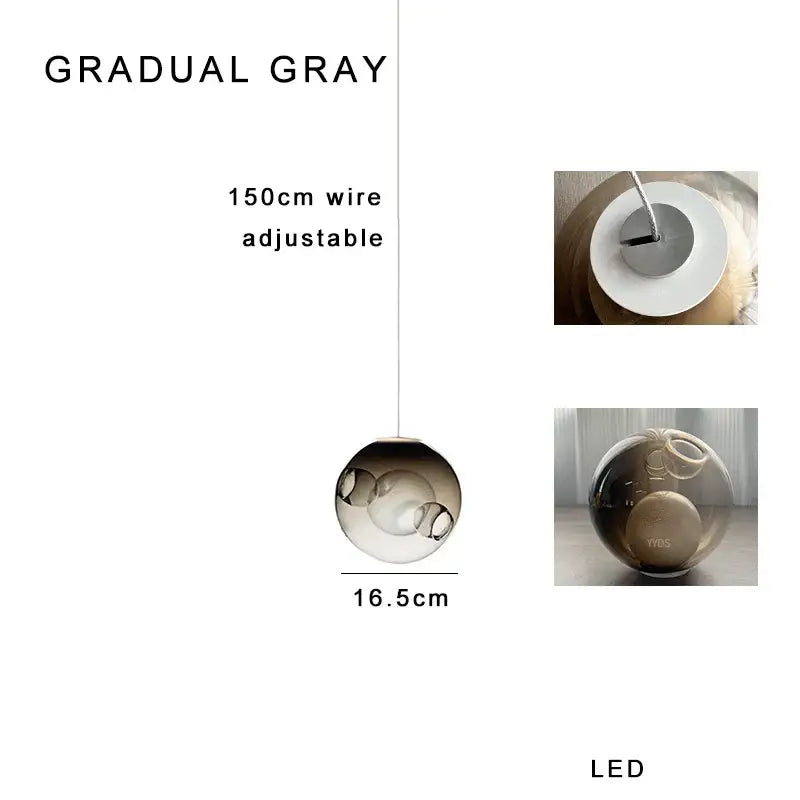 Luxury amber glass pendant light with gradual gray spherical frosted globe and 150cm adjustable wire for dining room decorbites clear glass