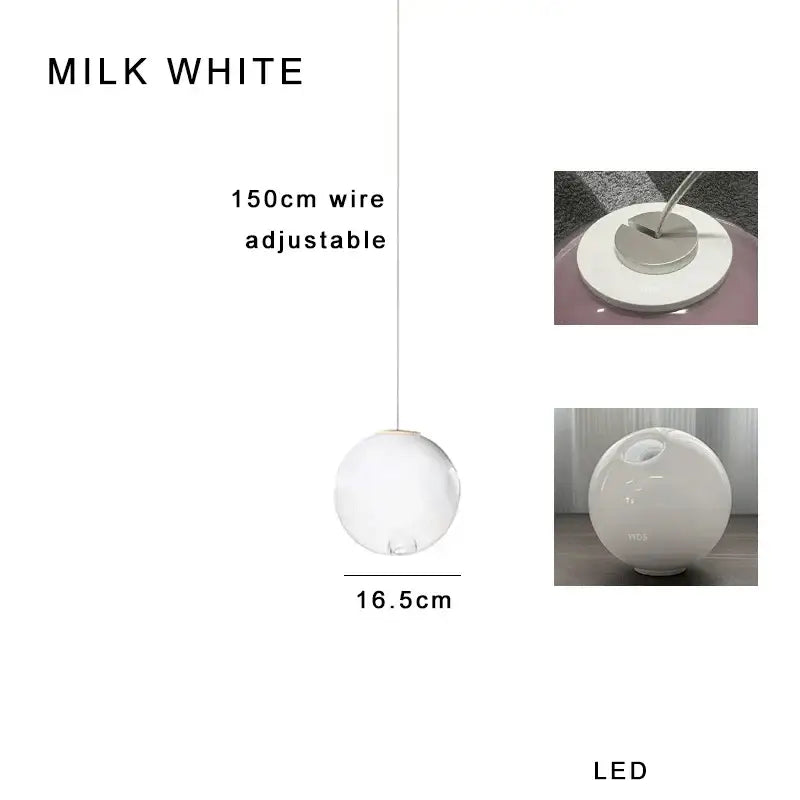 Milk white spherical led pendant light with frosted glass globe and 150cm adjustable wire, ideal for decorbites clear glass pendant setups
