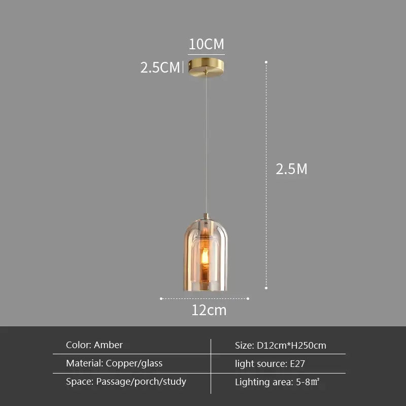 Luxury amber glass wall art light featuring amber-colored copper and glass pendant with glowing bulb for bedroom use