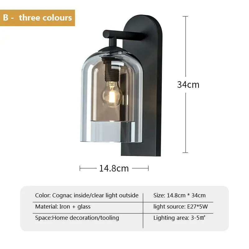 Luxury amber glass wall art light wall sconce with black iron frame cognac-tinted interior and clear glass wall casing