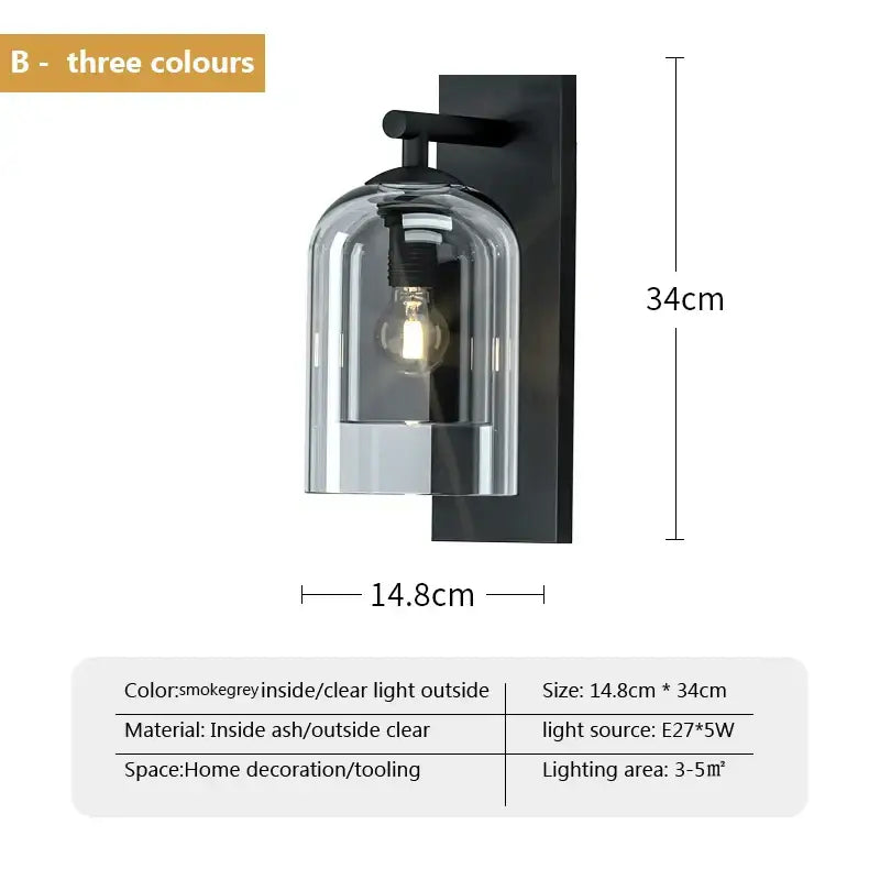 Black wall-mounted luxury amber glass wall art light with clear glass dome and exposed bulb for bedroom sconce