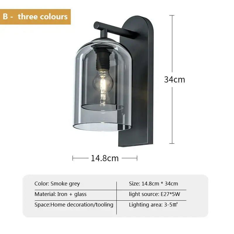 Luxury amber glass wall art light featuring a smoke grey iron and glass wall art light with dome-shaped glass cover