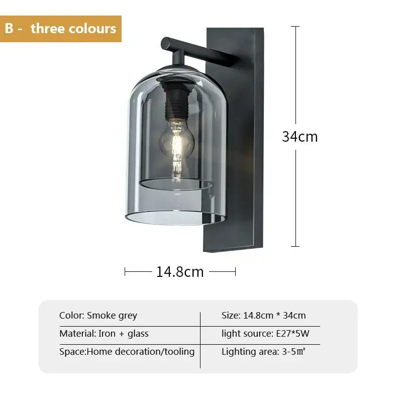 Smoke grey iron and glass wall sconce with dome-shaped glass cover luxury amber glass wall art light for bedroom use