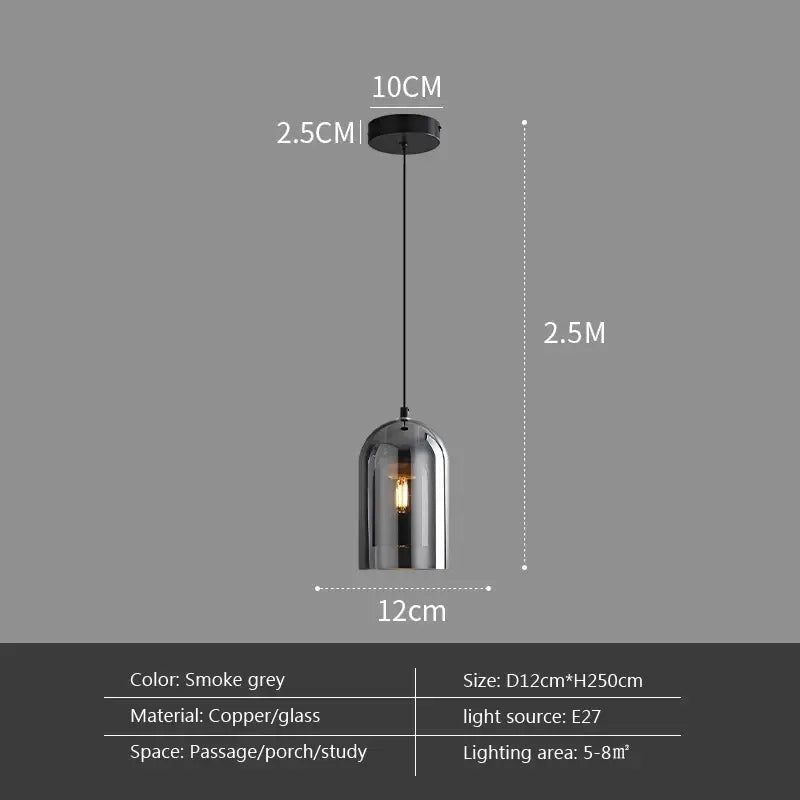 Smoke grey bell-shaped pendant light with copper and glass construction featuring exposed filament bulb for wall art light