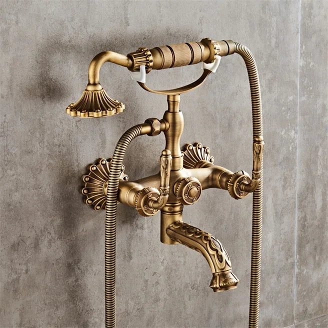 Luxury antique brass wall mounted shower faucet with vintage design fluted showerhead and decorative handles