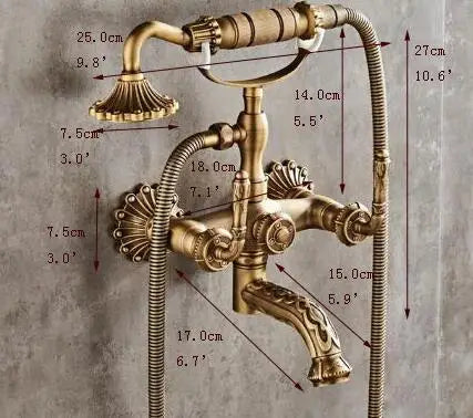 Antique brass wall mounted shower faucet set with vintage shell handles and matching hand held showerhead xt334