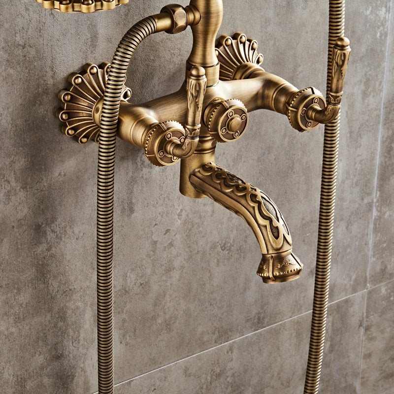 Luxury antique brass bathroom faucet mixer tap wall mounted with ornate vintage detailing and two flexible hoses