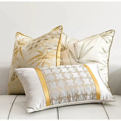 Elegant ivory and gold embroidered pillow cover with bamboo motifs satin trim for decorbites gold quatrefoil geometric decor