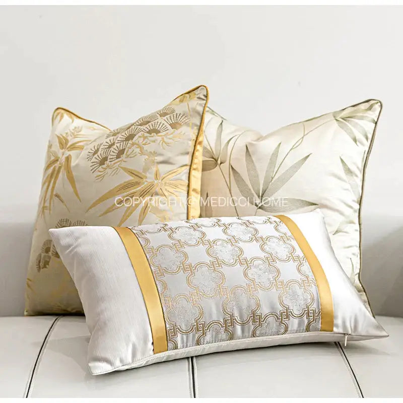 Elegant ivory and gold embroidered pillow cover with bamboo motifs satin trim for decorbites gold quatrefoil geometric decor
