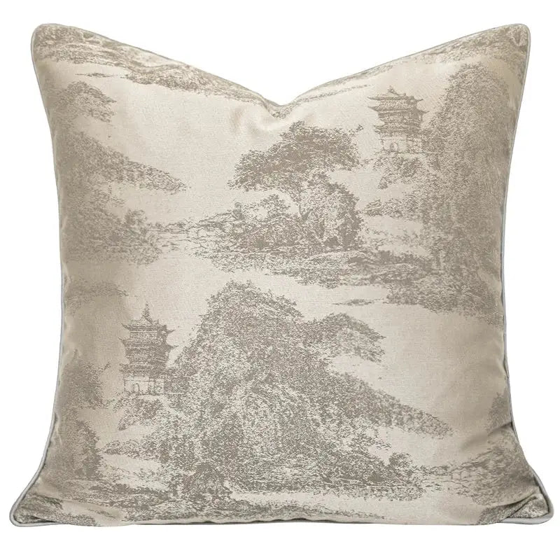 Luxury beige pillow cover with subtle textured print of traditional chinese pagodas for decorbites gold quatrefoil geometric decor