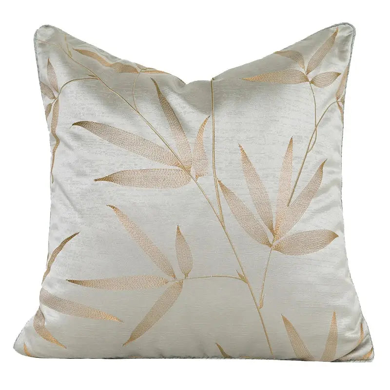 Luxury beige pillow cover with cream satin fabric and gold embroidered bamboo leaf pattern for decorbites gold quatrefoil decor