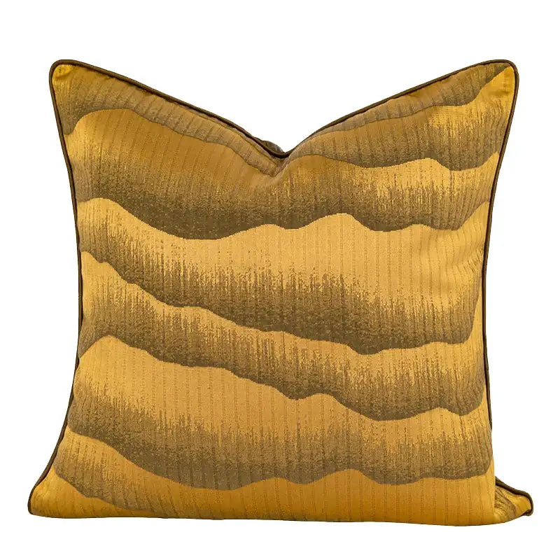 Luxury beige and gold quatrefoil pillow cover with golden-yellow cushion and wavy textured gold quatrefoil geometric stripes decorbites gold quatrefoil