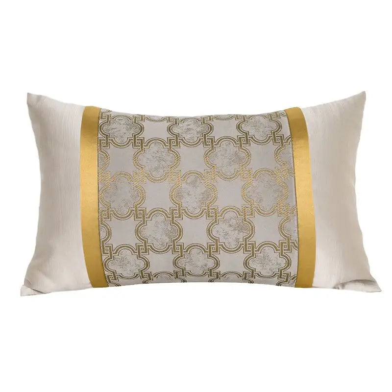 Rectangular luxury beige pillow cover with gold quatrefoil geometric pattern and gold satin stripes for decorbites decor