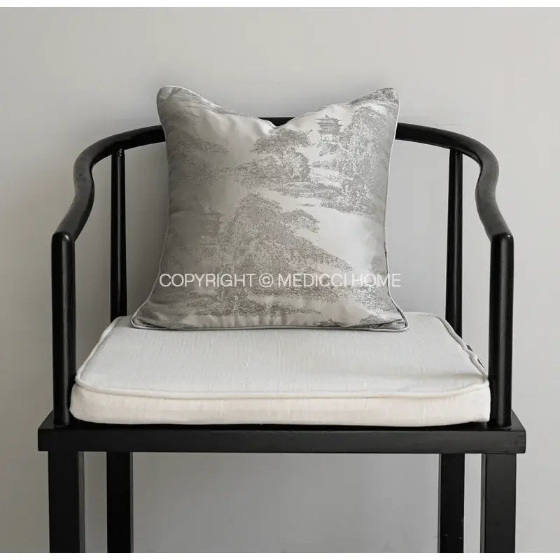 Luxury silver-toned pillow cover with embroidered traditional chinese design and decorbites gold quatrefoil geometric accents