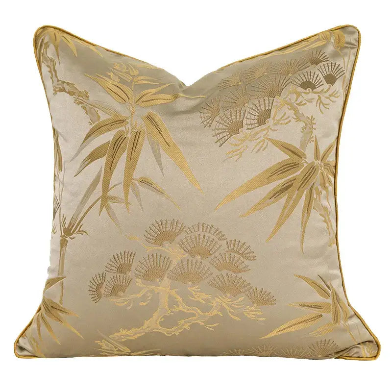 Luxury beige silk pillow cover with gold embroidered bamboo fan motifs for decorbites gold quatrefoil geometric decor