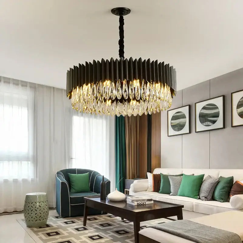 Luxury black crystal pendant lights chandelier with black and gold frame and cascading crystal droplets for dining room decorbites black crystal ceiling