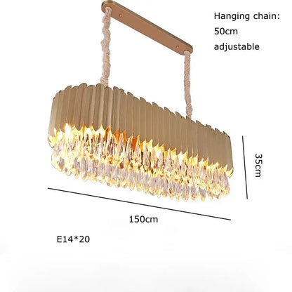 Luxury black crystal pendant lights featuring a gold-toned rectangular chandelier with cascading crystal droplets and braided rope chain