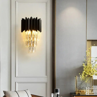 Black metal and crystal wall sconce with modern layered design for luxury black crystal ceiling pendant lights decorbites