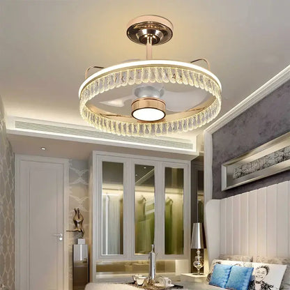 Luxury black and gold crystal ceiling fan chandelier with gold metal frame and crystal beads for bedroom lighting