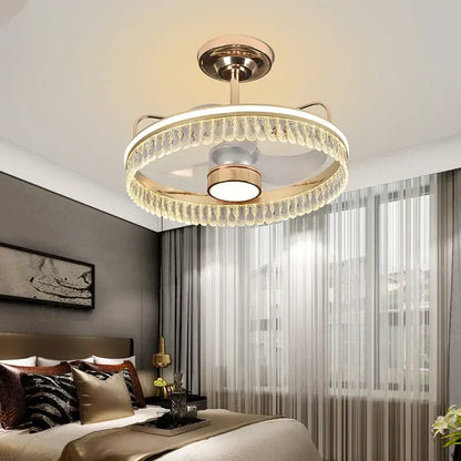 Luxury black and gold ceiling fan chandelier with crystal droplets and warm white LED light for bedroom use