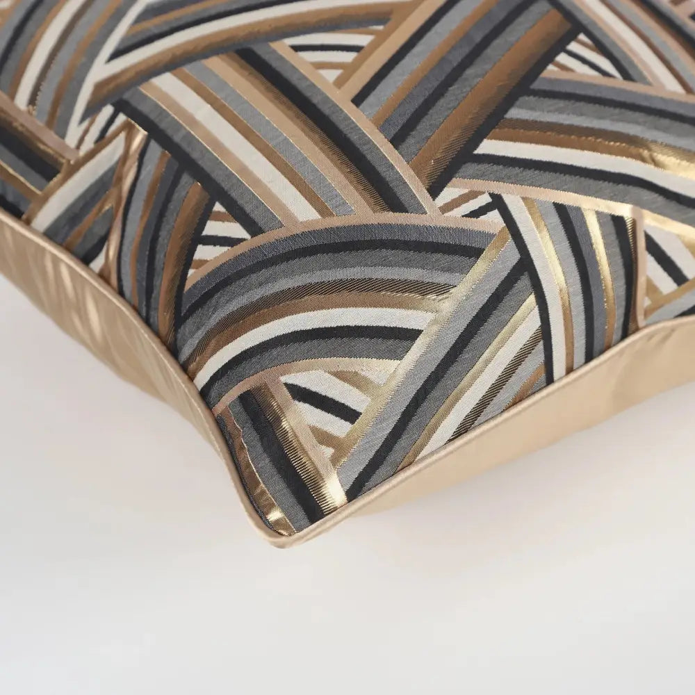 A luxury black and gold geometric jacquard cushion cover with metallic stripes for living room decorbites jacquard high-end decor