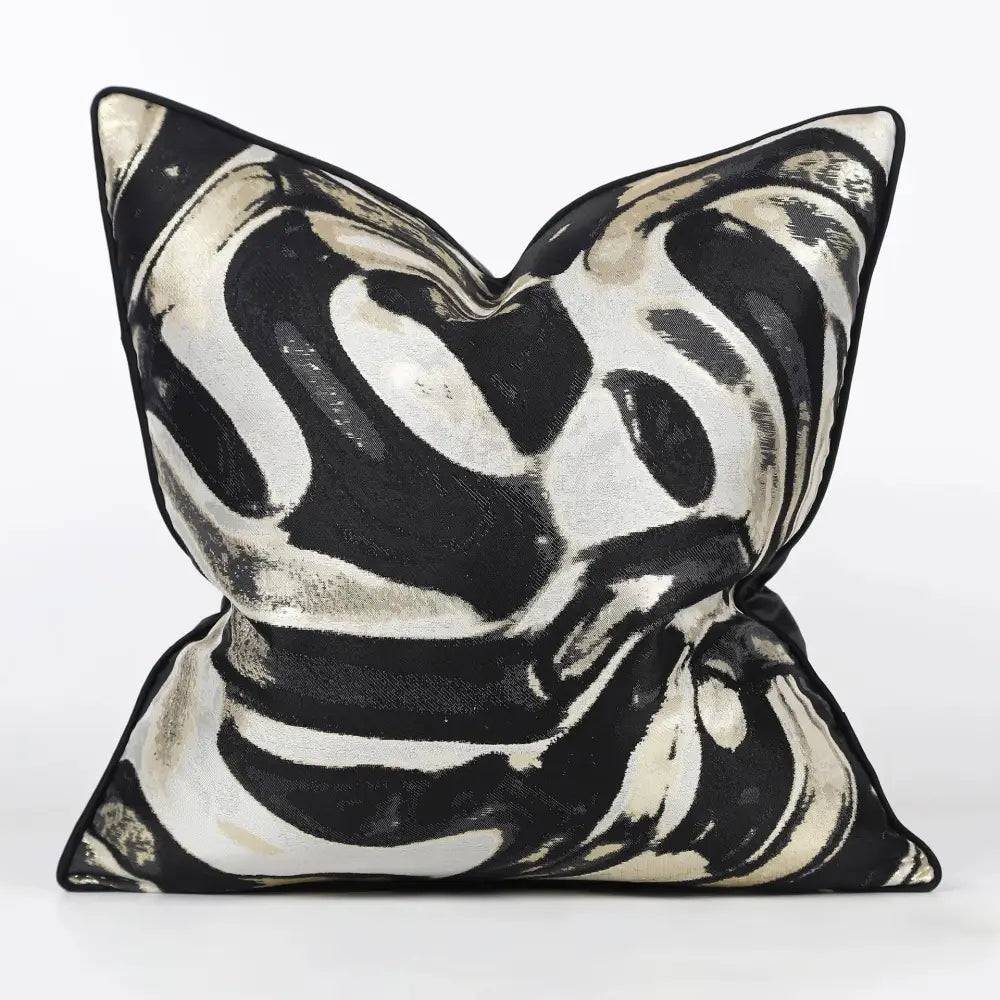 Luxury black and cream abstract swirl cushion cover with textured painterly design decorbites jacquard high-end decor