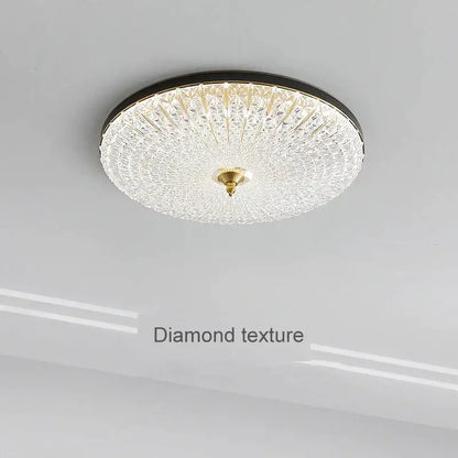 Luxury black and gold glass round ceiling lamp with diamond textured crystal panels and metal accents for bedroom use
