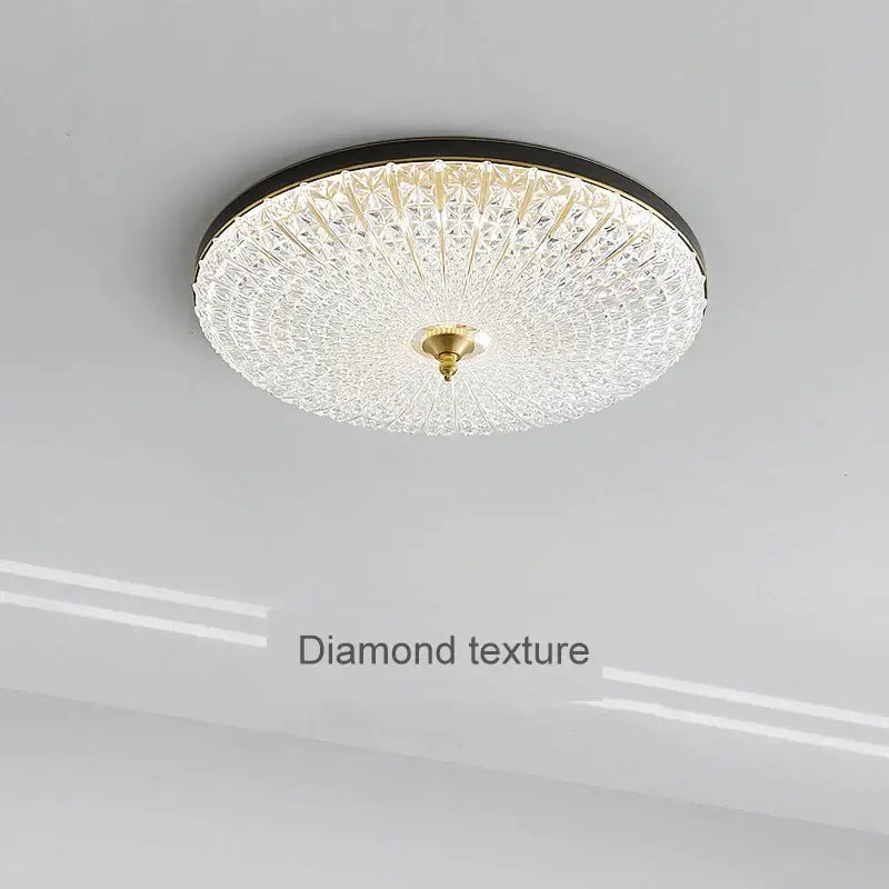 Luxury black and gold glass round ceiling lamp with diamond textured crystal panels and metal accents for bedroom use