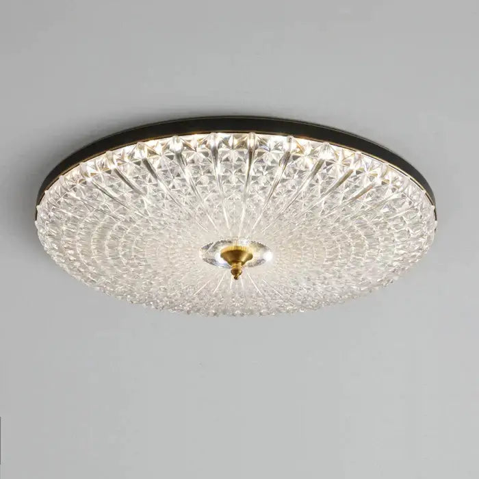 Luxury black and gold glass round ceiling lamp with clear crystal glass, black metal frame, and brass center for bedroom use