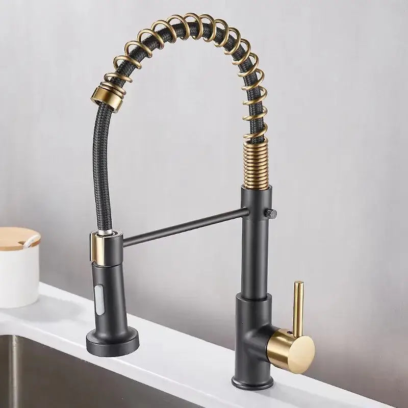 Luxury black and gold kitchen faucet with pull out spring hose featuring decorbites black and gold kitchen design