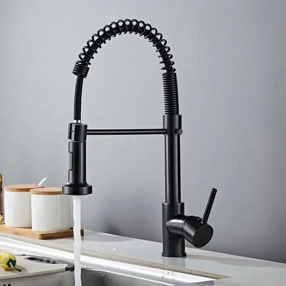 Black matte-finish decorbites black kitchen faucet with pull-down spray head and flexible coiled hose for gold kitchen decor
