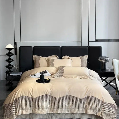 Beige satin duvet cover set with geometric border and matching pillowcases in decorbites 1000tc cotton embroidery bedding set