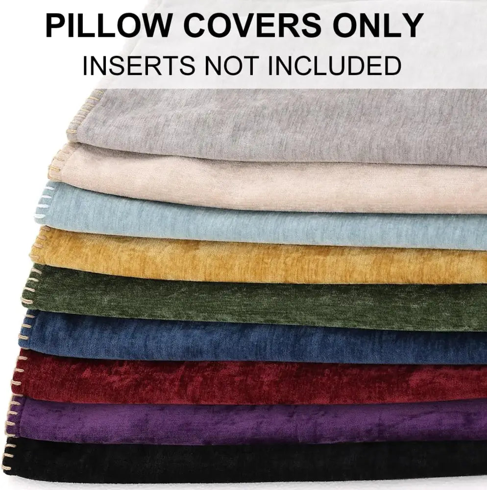 Stack of luxury blue chenille cushion covers in assorted solid colors including gray mustard and burgundy for decorbites decor