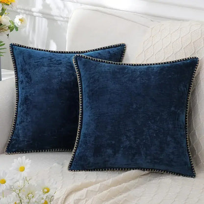 Luxury deep blue chenille cushion covers with stitched black and white edges for living room decorbites blue chenille pillows