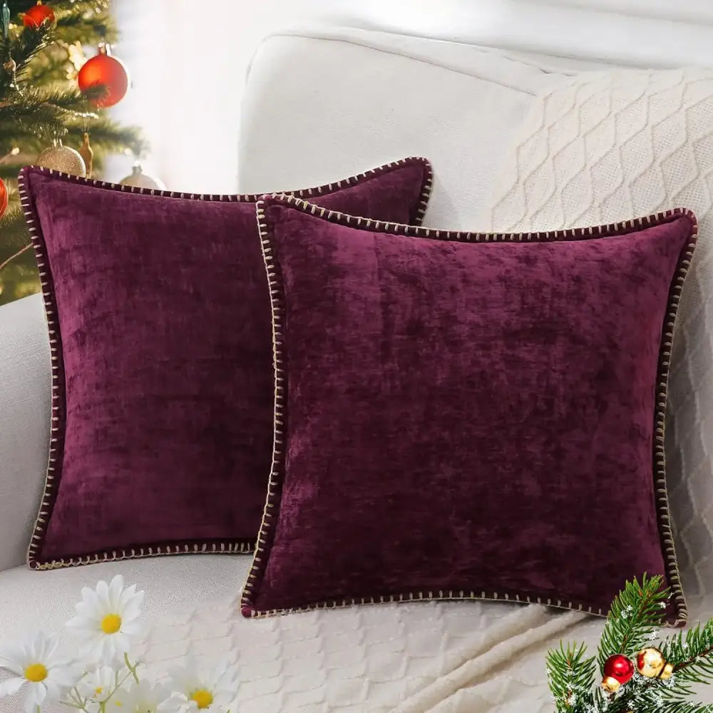 Deep burgundy velvet throw pillows with cream stitched edges complement luxury decorbites blue chenille cushion covers