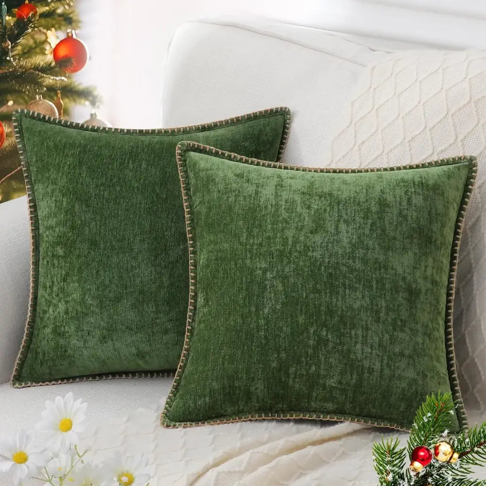 Deep green velvet throw pillows with plush texture and dark brown stitched edges for decorbites blue chenille cushion covers