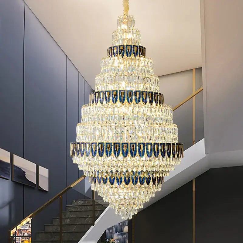Luxury blue and clear crystal headlight chandelier with gold accents for villa dining room by decorbites crystal headlight