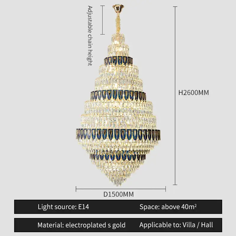 Luxury blue and clear crystal headlight chandelier with gold electroplated tiers and dark blue bands for villa dining room decorbites crystal headlight
