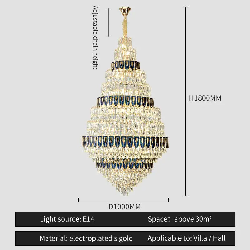 Luxury blue and clear crystal headlight chandelier by decorbites featuring gold electroplated tiers for villa dining room decor