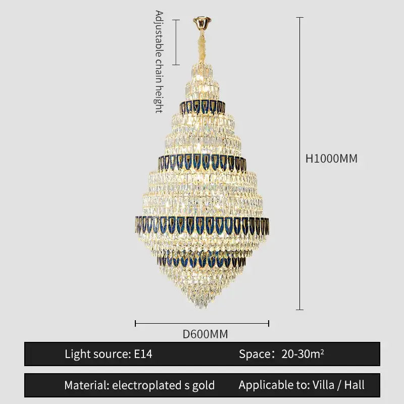 Luxury decorbites crystal headlight chandelier with gold plating and blue clear crystal droplets for villa dining room decor