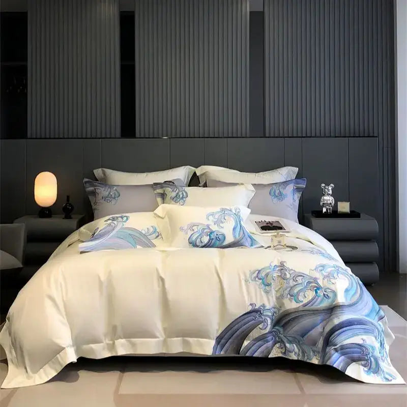 Cream-colored bedding set with elegant blue tides waves embroidery on white satin for luxury bedroom decor