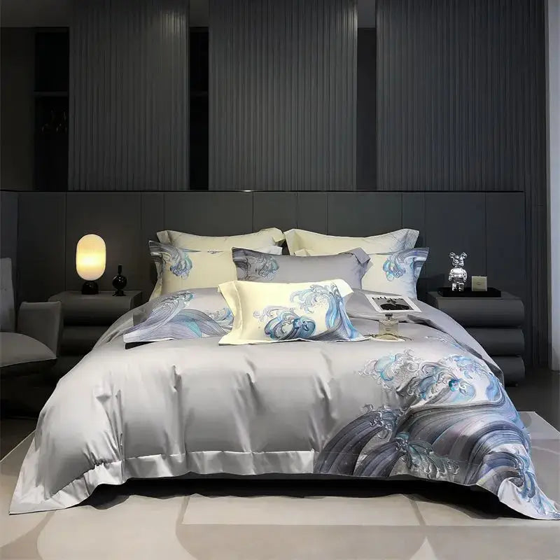 Silver-gray satin bedding set with elegant blue tides waves embroidery for a luxury bedroom decor