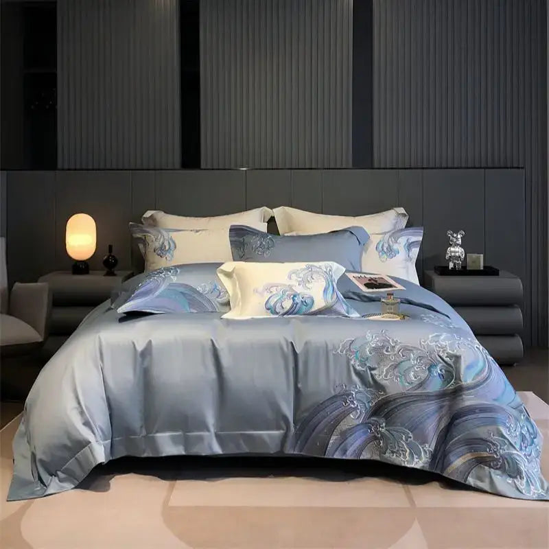 Luxury blue tides waves embroidery bedding set featuring a blue satin duvet cover with intricate tides waves embroidery