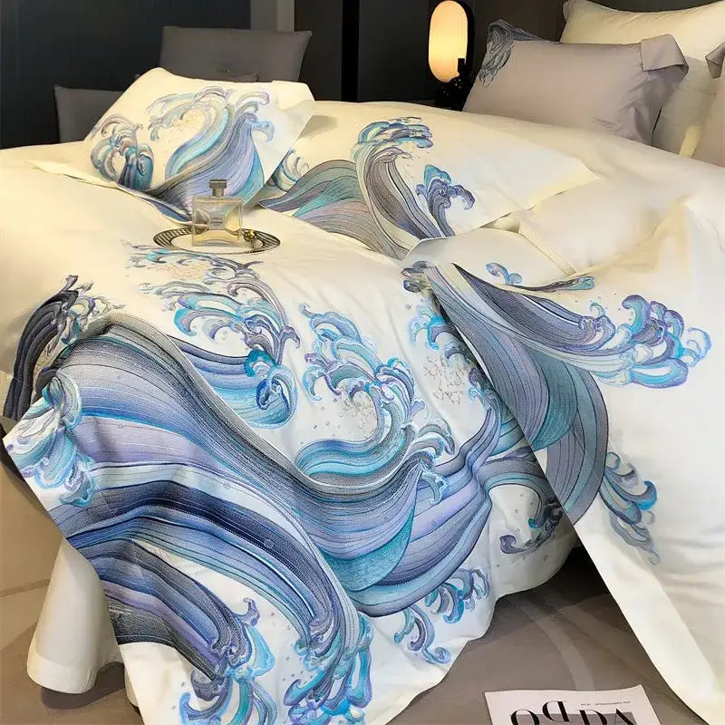 Luxury white satin bedding set featuring blue tides waves embroidery with dynamic blue and gray ocean wave patterns